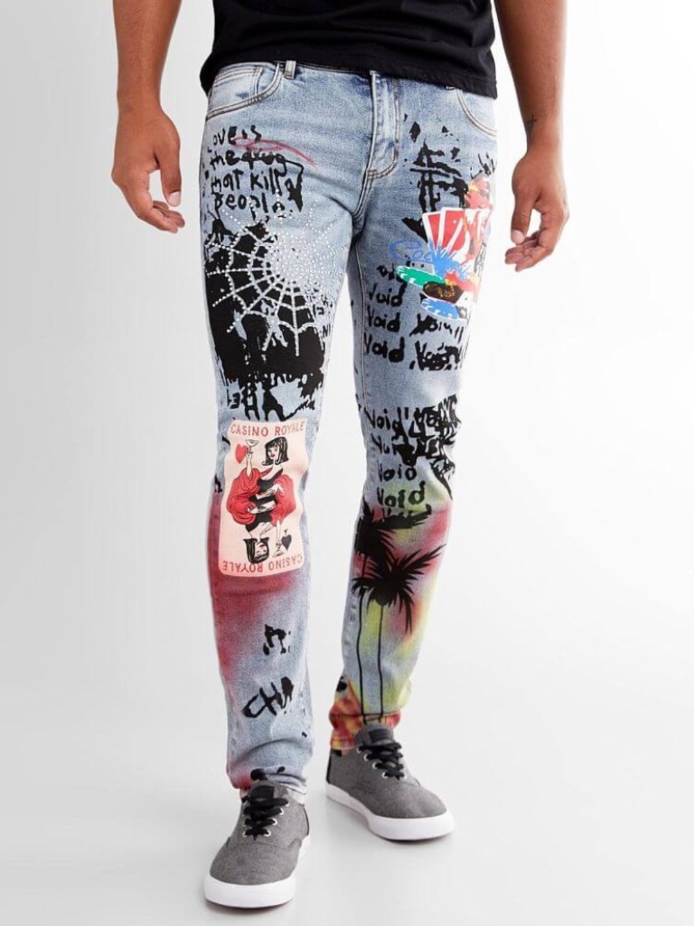 Like New [Embellish] Graffiti < Storm > Skinny Stretch Slim Blue Jeans | Mens 34